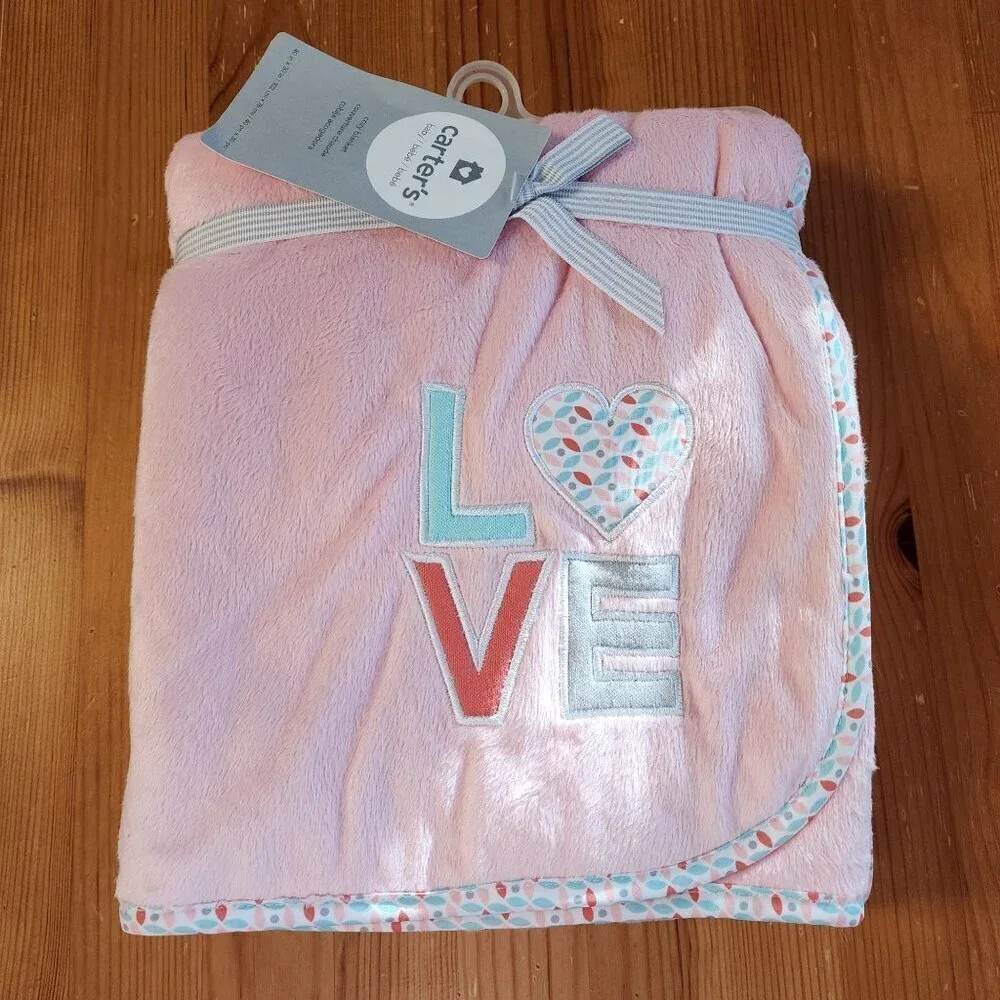 Carter's pink baby blanket LOVE heart applique New Carters